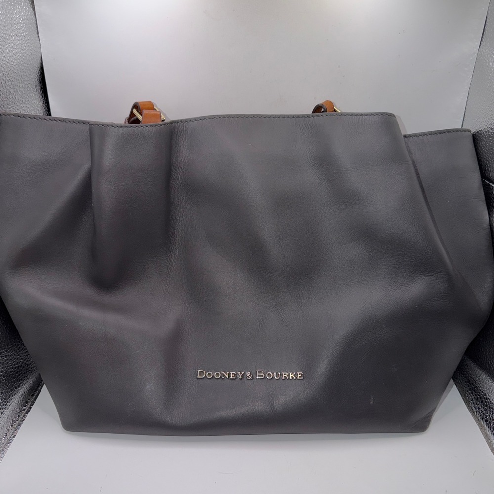 Dooney & Bourke Large Grey Leather Tote Cognac Straps Minimalist Chic Work Bag